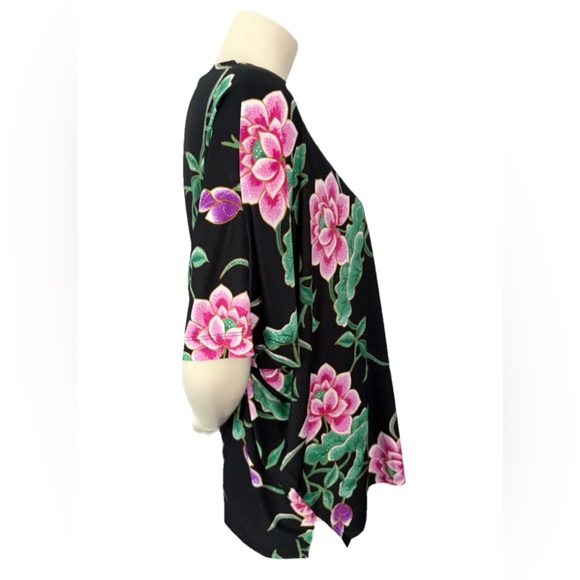 Natori Womens M Black Pink Floral Batwing Kimono Sleeve Oversized Blouse Top - Picture 2 of 10